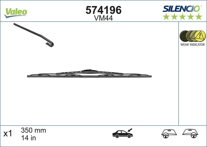 Wisserblad draaibaar Achter (1pcs) VM44 Silencio 350mm past: VOLVO 740, 760, 940, 940 II, 960, V50  CHEVROLET AVEO / KALOS  FIAT SEDICI  HONDA CIVIC VII, CIVIC X, JAZZ II, JAZZ III, JAZZ IV 01.82-