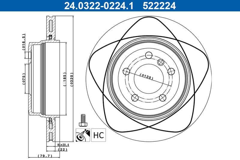 Brake disc, 1pcs, ATE PowerDisc, Geventileerd, Cut, Achter   Links/Rechts, buitendiameter 320 mm, dikte 22 mm, past: BMW X3 (E83) 2.0-3.0D 09.03-12.11