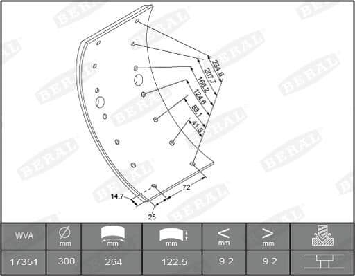 Brake shoe lining Achter/Voor (300x122. 1-overmaat) past: MERCEDES T2/LN1 04.86-12.94