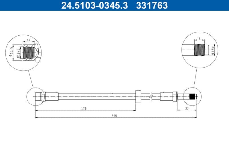 Remleiding/slang flexibel Voor Links/Rechts (lengte 395mm, M10x1) past: VOLVO XC70 I 2.4/2.4D/2.5 11.97-08.07
