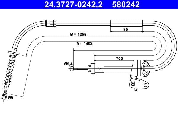 Handremkabel Achter Rechts (1402mm) past: MINI (R56), (R57), (R58), (R59) 1.4-2.0D 09.06-06.15