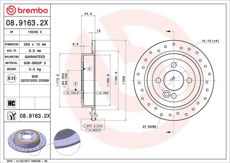 Brake disc, BREMBO Xtra, 1pcs, Drilled, Achter   Links/Rechts, buitendiameter 259 mm, dikte 10 mm, past: MINI (R50, R53), (R52), (R56), (R57), (R58), (R59) 1.4-2.0D 06.01-06.15
