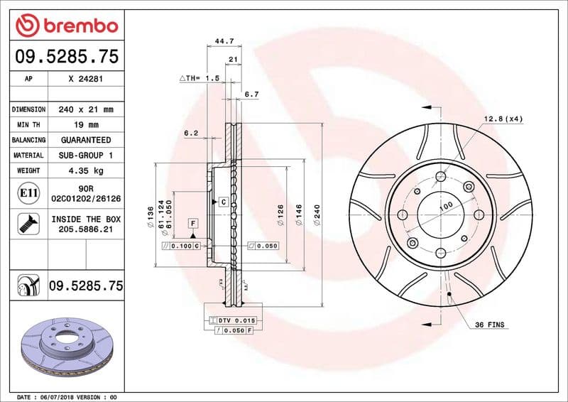 Brake disc, BREMBO Max, 1pcs, Cut, Voor   Links/Rechts, buitendiameter 240 mm, dikte 21 mm, past: HONDA CIVIC V, CIVIC VI, DOMANI  VW GOLF V 1.3-1.6 10.91-05.06