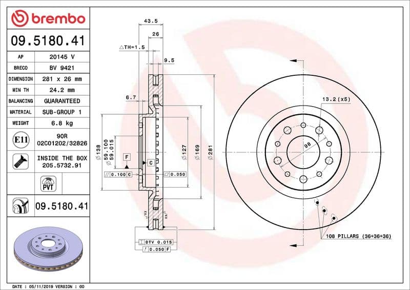 Brake disc Voor Links/Rechts past: FIAT TIPO 1.0-1.6D 10.15-