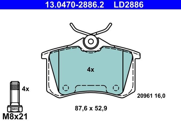 Keramische remblokken Achter (met remklauw geleidingsbouten), past: AUDI A4 B5, A4 B6, A4 B7, A6 C5, ALLROAD C5, TT  RENAULT MEGANE II, THALIA II  SEAT CORDOBA, EXEO, EXEO ST, LEON 1.4-4.2 05.86-