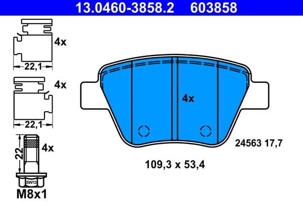 Remblokken set Achter (met extra's  met remklauw geleidingsbouten), past: AUDI A1, A3  SEAT ALTEA, ALTEA XL, LEON  SKODA OCTAVIA II, SUPERB II, YETI  VW BEETLE, CADDY 1.2-Electric 02.98-07.19