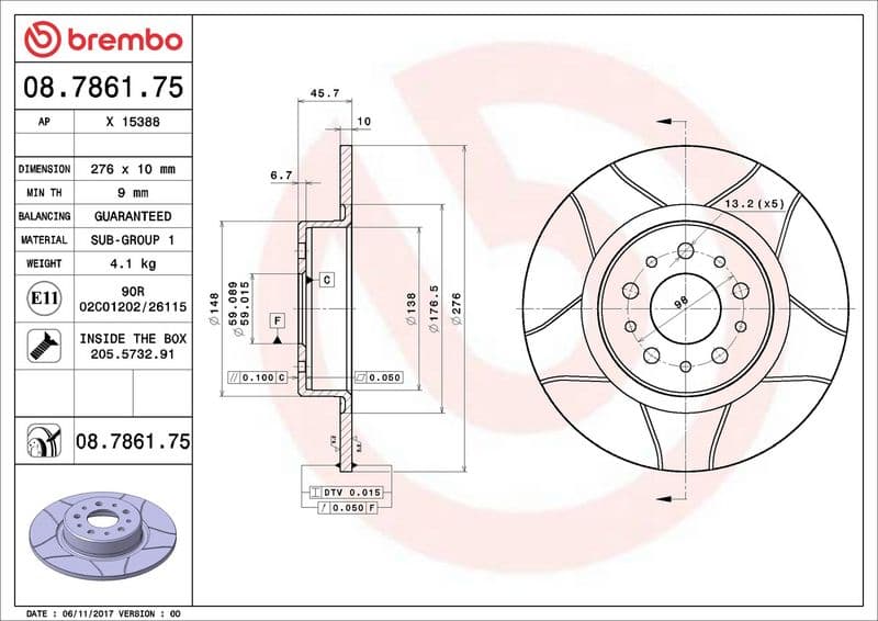 Brake disc, BREMBO Max, 1pcs, Cut, Achter   Links/Rechts, buitendiameter 276 mm, dikte 10 mm, past: ALFA ROMEO 147, 156, GT 1.6-3.2 02.97-09.10