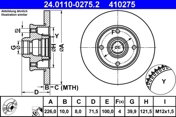 Brake disc Achter Links/Rechts (met ABS ring) past: SEAT CORDOBA, CORDOBA VARIO, IBIZA II, LEON, TOLEDO I  VW CORRADO, GOLF II, GOLF III, GOLF IV, JETTA II, PASSAT B2 1.0-2.2 08.83-06.06