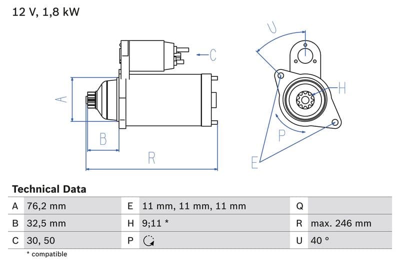 Starter (12V, 1,8kW, gereviseerd) past: MERCEDES V (638/2)  AUDI A3  FORD GALAXY I, GALAXY MK I  SEAT ALHAMBRA, CORDOBA, CORDOBA VARIO, IBIZA II, INCA, LEON, TOLEDO I, TOLEDO II 1.7D-2.9 05.89-03.10