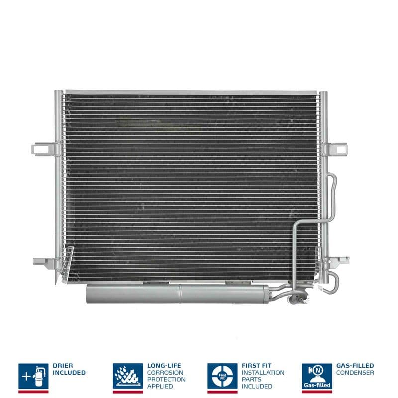 A/C condensator (met droger, (EN) additional fitting elements) past: MERCEDES CLS (C219), E T-MODEL (S211), E (VF211), E (W211) 1.8-6.3 03.02-12.10
