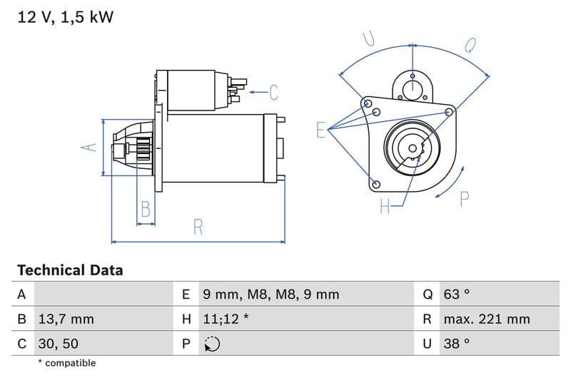 Starter (12V, 1,5kW, gereviseerd) past: DS DS 3, DS 4, DS 5, DS 7  CITROEN BERLINGO, BERLINGO MULTISPACE, C1, C2, C2 ENTERPRISE, C3 I, C3 II, C3 PICASSO, C3 PLURIEL, C4 1.4D-1.6D 09.01-