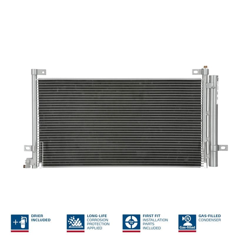 A/C condensator (met droger, (EN) additional fitting elements) past: VOLVO FM, FM II, FM III, FMX II, FMX III 10.8D/12.8D 09.05-