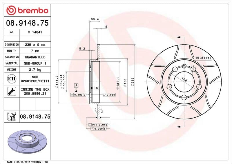 Brake disc, BREMBO Max, 1pcs, Cut, Achter   Links/Rechts, buitendiameter 239 mm, dikte 9 mm, past: AUDI A3, TT  SKODA OCTAVIA I  VW BORA, BORA I, GOLF IV 1.6-3.2 12.96-12.13