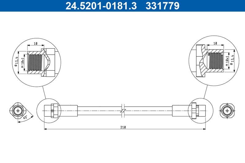 Remleiding/slang flexibel Achter/Binnen Links/Rechts (lengte 210mm, M10x1) past: BMW 1 (E81), 1 (E82), 1 (E87), 1 (E88), 3 (E90), 3 (E91), 3 (E92), 3 (E93), X1 (E84) 1.6-4.4 06.04-06.15