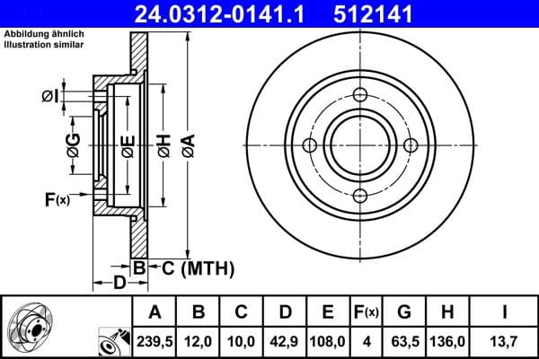 Brake disc, 1pcs, ATE PowerDisc, vol, Cut, Voor   Links/Rechts, buitendiameter 239,5 mm, dikte 12 mm, past: FORD FIESTA, FIESTA III, FIESTA IV, KA  MAZDA 121 III 1.0-1.8D 03.89-11.08