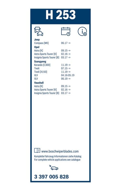 Wisserblad draaibaar Achter (1pcs) Twin 250mm past: JEEP COMPASS  MAZDA 2  OPEL ASTRA K, INSIGNIA B, INSIGNIA B COUNTRY  SSANGYONG KORANDO, TIVOLI, TIVOLI GRAND, TORRES, XLV 03.15-