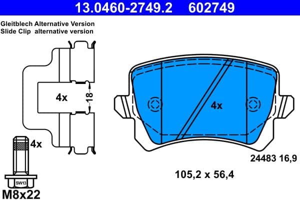 Remblokken set Achter (voor ongeventileerde schijven), past: AUDI A3, A4 B6, A4 B7, A6 ALLROAD C6, A6 C6, Q3, TT  SEAT ALHAMBRA, ALTEA, EXEO, EXEO ST, LEON, TOLEDO III 1.2-Electric 02.98-12.22
