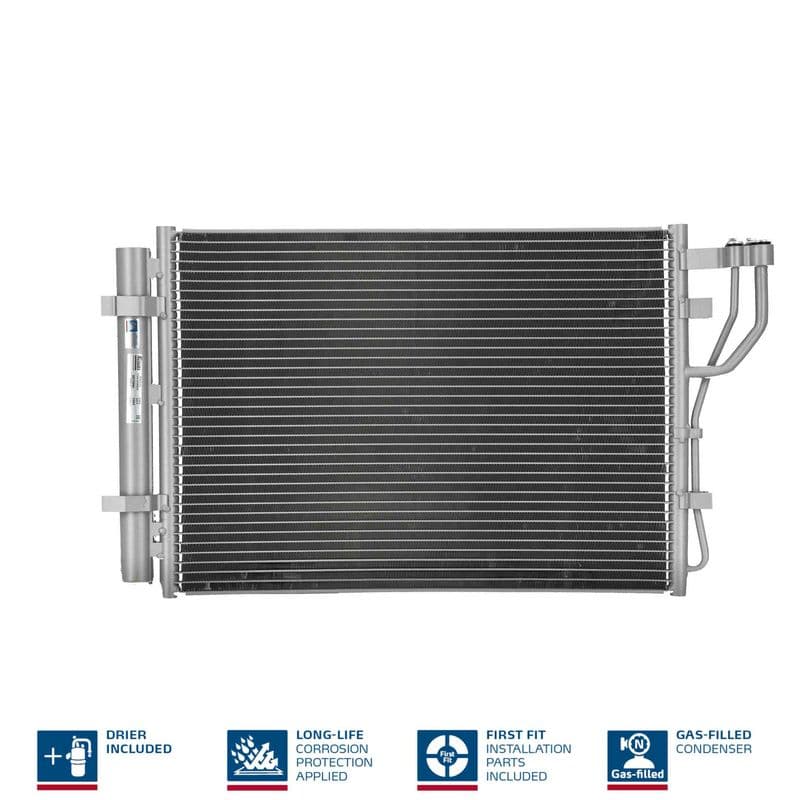 A/C condensator (met droger, (EN) additional fitting elements) past: HYUNDAI IX20  KIA VENGA 1.4-1.6LPG 02.10-07.19