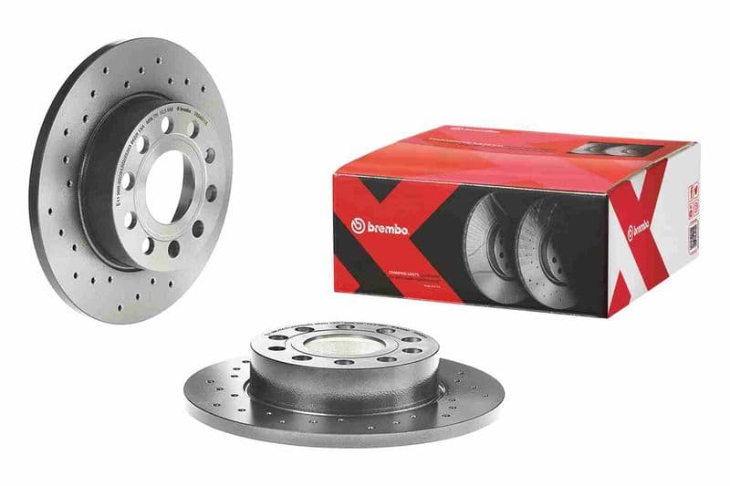 Brake disc, BREMBO Xtra, 1pcs, Drilled, Achter   Links/Rechts, buitendiameter 256 mm, dikte 12 mm, past: AUDI A3  SEAT ALTEA, ALTEA XL, TOLEDO III  SKODA OCTAVIA I 1.2-3.6 09.00-08.20