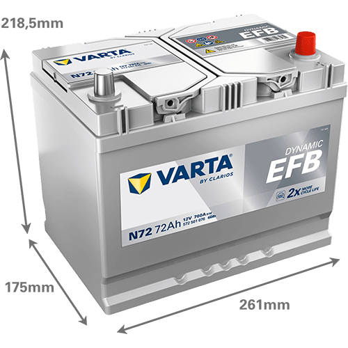 Batterij VARTA 12V 72Ah/760A (EN) Dynamic EFB  (EN) START&STOP EFB (R+) 261x175x220 B01 - montageflens 10,5 mm