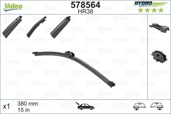 Wisserblad Flat Achter (1pcs) HR38 HydroConnect 380mm past: VOLVO XC60 I, XC90 I  AUDI A1, A4 ALLROAD B9, A4 B9, Q5, Q7  BMW X5 (E70)  LAND ROVER RANGE ROVER SPORT II  SEAT LEON SC, TARRACO 06.02-