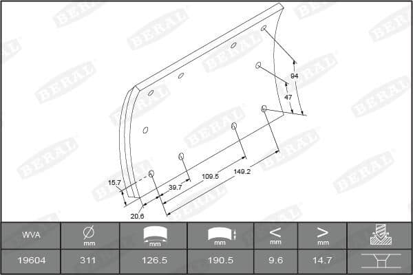 Brake shoe lining Achter (311x190. 1-overmaat) past: MERITOR TM