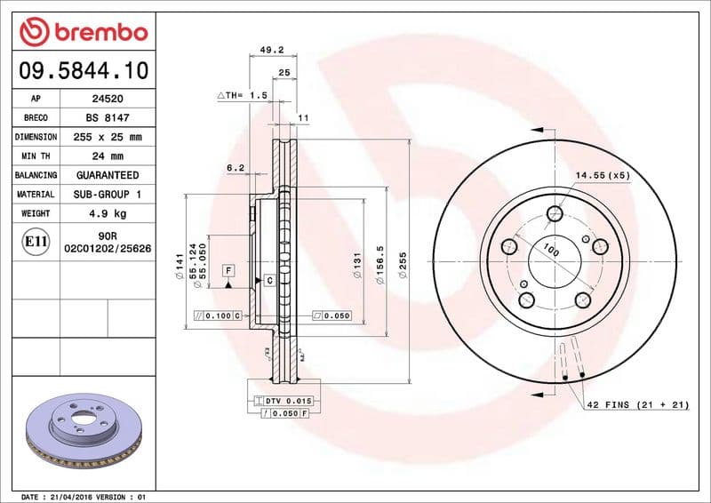 Brake disc Voor Links/Rechts past: LEXUS CT  TOYOTA ALLION I, CALDINA, CARINA E VI, CARINA VII, CELICA, OPA, PREMIO, PRIUS 1.5-2.0D 04.92-