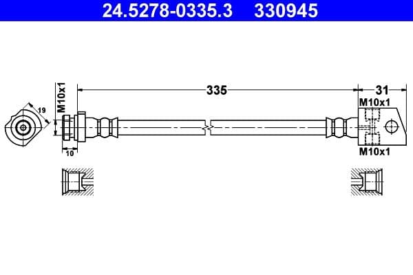 Remleiding/slang flexibel Achter Links/Rechts (lengte 335mm, M10x1) past: OPEL FRONTERA B 2.2/2.2D/3.2 09.98-07.04