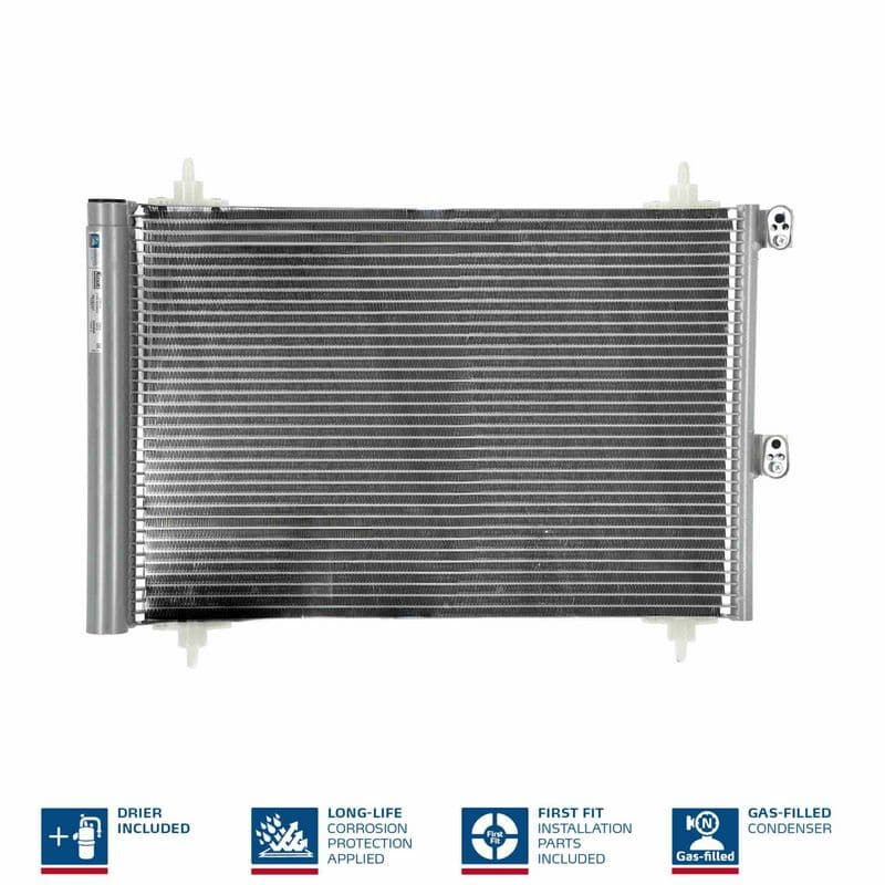 A/C condensator (met droger, (EN) additional fitting elements) past: CITROEN BERLINGO, XSARA PICASSO  PEUGEOT PARTNER, PARTNER ORIGIN 1.6D 05.04-