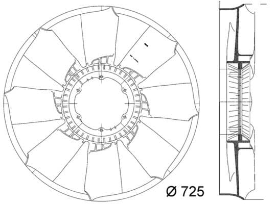 Radiator plezier (diameter 725mm, aantal bladen 8) past: MERCEDES ATEGO, ATEGO 2, AXOR, AXOR 2, UNIMOG OM457.910-OM926.999 01.98-