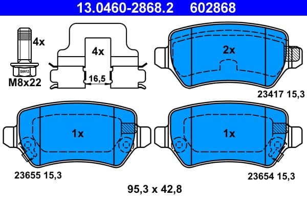 Remblokken set Achter (met extra's  met remklauw geleidingsbouten), past: CHEVROLET VIVA  KIA VENGA  LADA KALINA  OPEL ASTRA G, ASTRA G CLASSIC, ASTRA H, ASTRA H CLASSIC 1.2-2.2D 02.98-