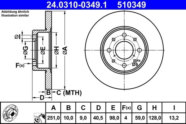 Brake disc, 1pcs, ATE PowerDisc, vol, Cut, Achter   Links/Rechts, buitendiameter 251 mm, dikte 10 mm, past: ALFA ROMEO MITO 0.9-1.6D 08.08-10.18