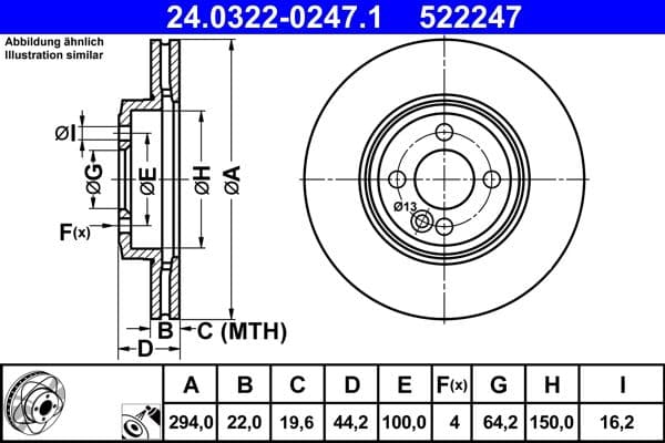 Brake disc, 1pcs, ATE PowerDisc, Geventileerd, Cut, Voor   Links/Rechts, buitendiameter 294 mm, dikte 22 mm, past: MINI (R50, R53), (R52), (R56), (R57), (R58), (R59) 1.6 06.01-06.15