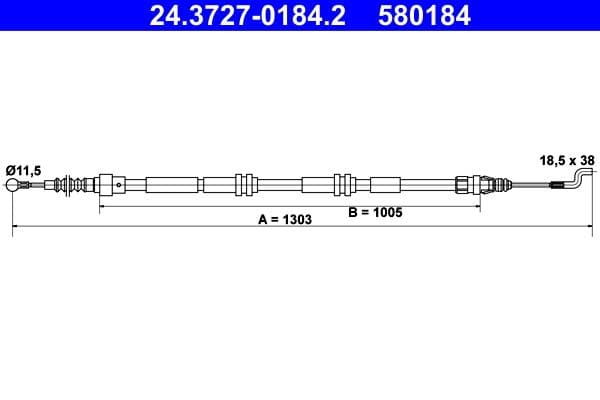 Handremkabel Achter Links/Rechts (1303mm) past: VW CALIFORNIA T5 CAMPER, CALIFORNIA T6 CAMPER, MULTIVAN T5, MULTIVAN T6, TRANSPORTER T5, TRANSPORTER T6 1.9D-Electric 04.03-08.24