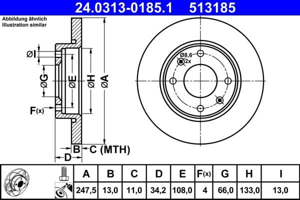 Brake disc, 1pcs, ATE PowerDisc, vol, Cut, Voor   Links/Rechts, buitendiameter 247,5 mm, dikte 13 mm, past: CITROEN XSARA  PEUGEOT 206, 206+, 306 1.1-1.9D 04.93-