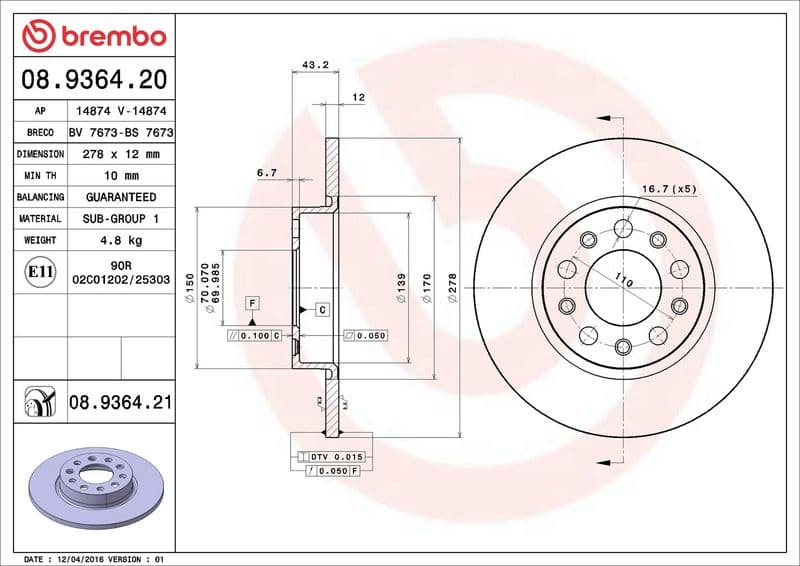Brake disc Achter Links/Rechts past: ALFA ROMEO 159, BRERA, GIULIETTA, SPIDER, TONALE  FIAT 500X  JEEP COMPASS, RENEGADE 1.0-2.4 06.05-