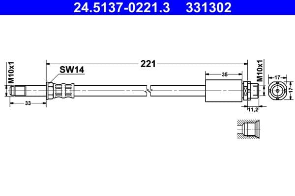 Remleiding/slang flexibel Achter Links/Rechts (lengte 221mm, M10x1/M10x1) past: BMW 1 (E81), 1 (E82), 1 (E87), 1 (E88), 3 (E90), 3 (E91), 3 (E92), 3 (E93), 3 (F30, F80) 1.5-3.0H 06.04-05.21