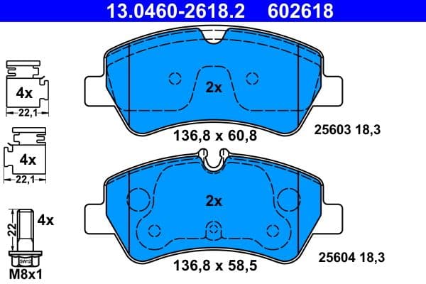 Remblokken set Achter (met extra's  met remklauw geleidingsbouten), past: FORD TOURNEO CUSTOM V362, TRANSIT, TRANSIT CUSTOM V362, TRANSIT V363  FORD USA TRANSIT-150 1.0H-Electric 10.11-