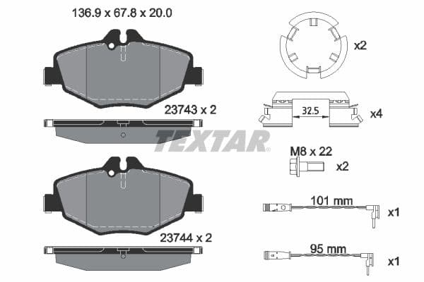 Remblokken set Voor (met extra's  met remklauw geleidingsbouten), past: MERCEDES E T-MODEL (S211), E (VF211), E (W211) 1.8-3.5 03.02-07.09