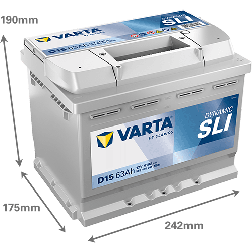 Batterij VARTA 12V 63Ah/610A (EN) Dynamic SLI (R+) 242x175x190 B13 - montageflens 10,5 mm (beginnen)