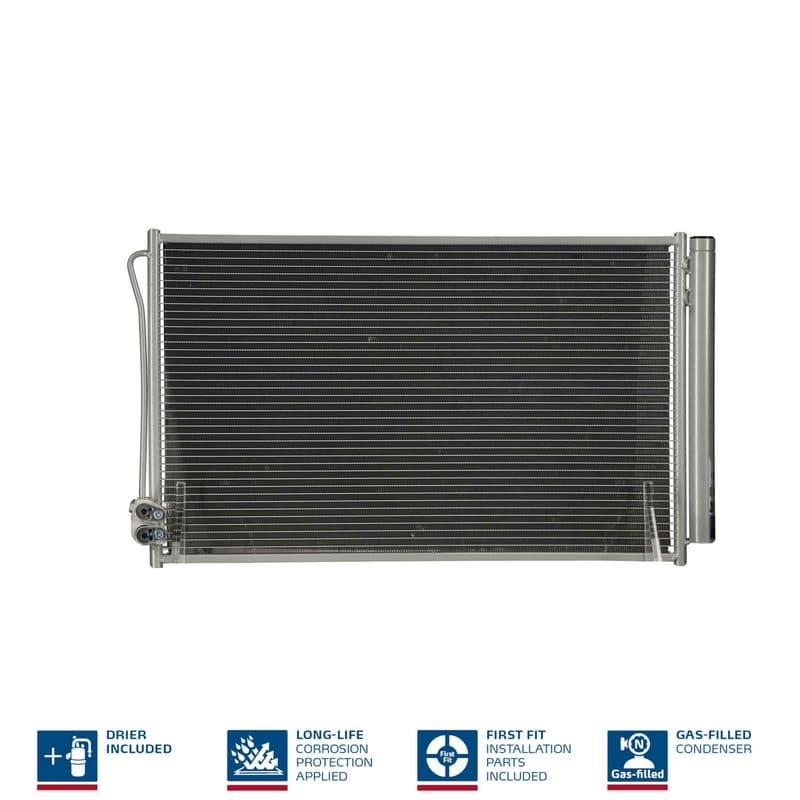 A/C condensator (met droger, (EN) additional fitting elements) past: MERCEDES EQV (W447), MARCO POLO CAMPER (W447), SPRINTER 3,5-T (B907, B910), SPRINTER 3-T (B910) 1.6D-Electric 03.14-