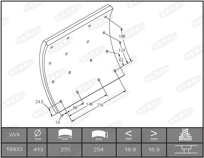 Brake shoe lining Achter (413x254. basis) past: SCANIA 3, 4, G I, G II, L, P I, P II, R I, R II, S, T 01.88-