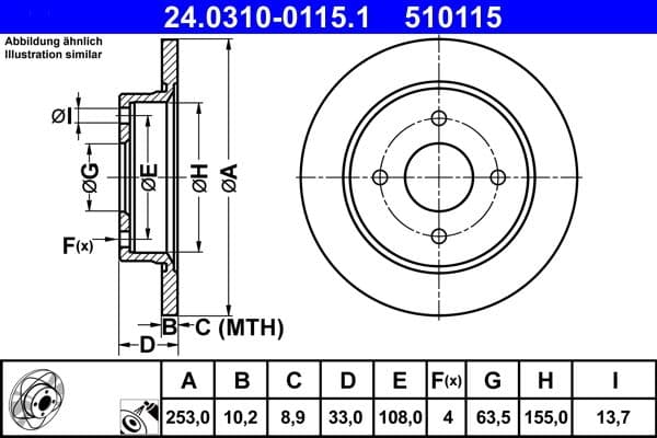 Brake disc, 1pcs, ATE PowerDisc, vol, Cut, Achter   Links/Rechts, buitendiameter 253 mm, dikte 10,2 mm, past: FORD FIESTA, FIESTA V, FIESTA VI, FOCUS I, SCORPIO II 1.0-2.9 08.82-01.18