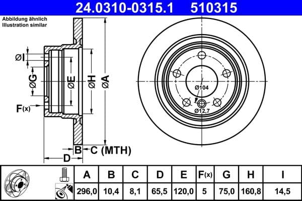 Brake disc, 1pcs, ATE PowerDisc, vol, Cut, Achter   Links/Rechts, buitendiameter 296 mm, dikte 10,4 mm, past: BMW 1 (E81), 1 (E87), 3 (E90), 3 (E91), 3 (E92) 1.6/2.0/2.0D 06.04-06.13