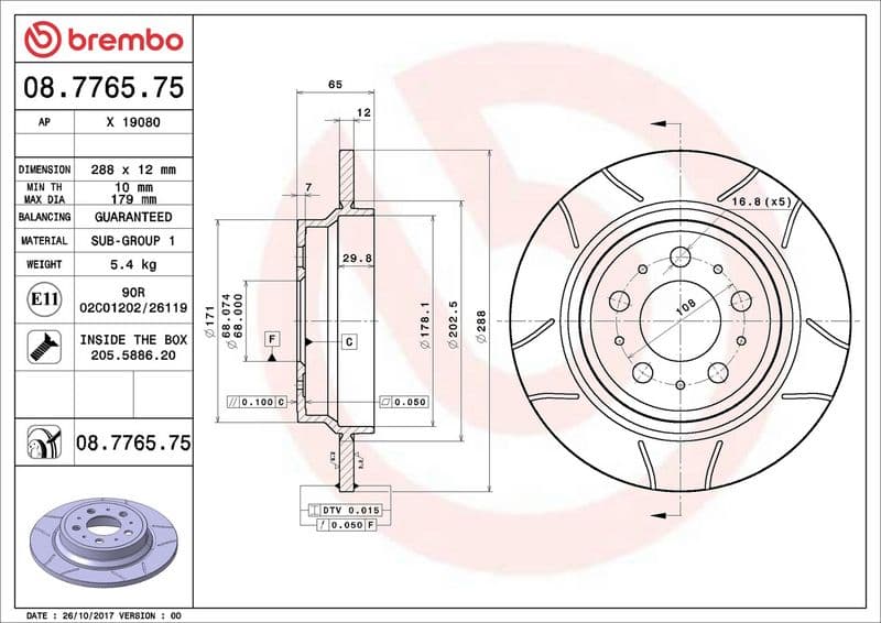 Brake disc, BREMBO Max, 1pcs, Cut, Achter   Links/Rechts, buitendiameter 288 mm, dikte 12 mm, past: VOLVO S60 I, S70, S80 I, V70 I, V70 II, XC70 I 2.0-3.0 12.95-04.10