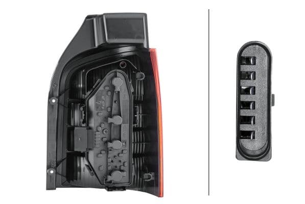 Achterlicht Links (P21/4W/P21W, kleur indicator wit, kleur van het glas red/transparant, anti-fog licht, achteruitrijlicht, versie met achterflap) past: VW TRANSPORTER T5 04.03-04.15