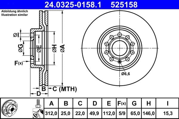 Brake disc, 1pcs, ATE PowerDisc, Geventileerd, Cut, Voor   Links/Rechts, buitendiameter 312 mm, dikte 25 mm, past: AUDI A1, A3, Q2, Q3, TT  CUPRA ATECA  SEAT ALHAMBRA 1.0-Electric 02.98-