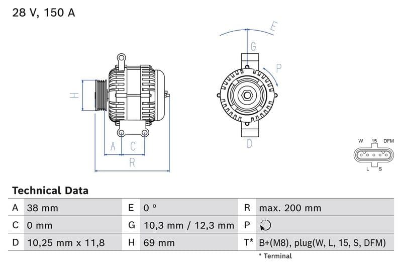 Dynamo (28V, 150A, gereviseerd) past: MERCEDES 1824 L, 1824 LS, 1827 L, 1827 LS, 1830 L, 1830 LS, 1832 L, 1832 LS, 1835 L, 1835 LS, 2024 L, 2024 LS, 2027 L, 2027 LS, 2030 L, 2030 LS, 2032 L, 2032 LS