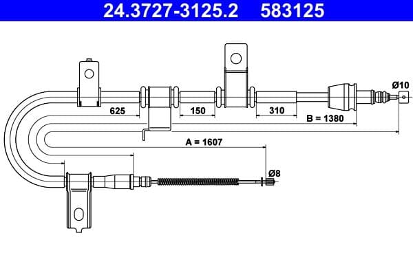 Handremkabel Achter Rechts (1607mm/1380mm) past: HYUNDAI GETZ 1.1-1.6 09.02-12.10