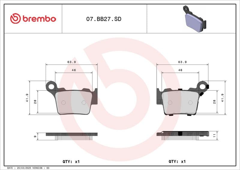 Brake pads Achter/Voor, beoogd gebruik: offroad, materiaal: sinter-SD, 41,8x64x9mm past: KTM EXC, EXC-R 450 2008-2011